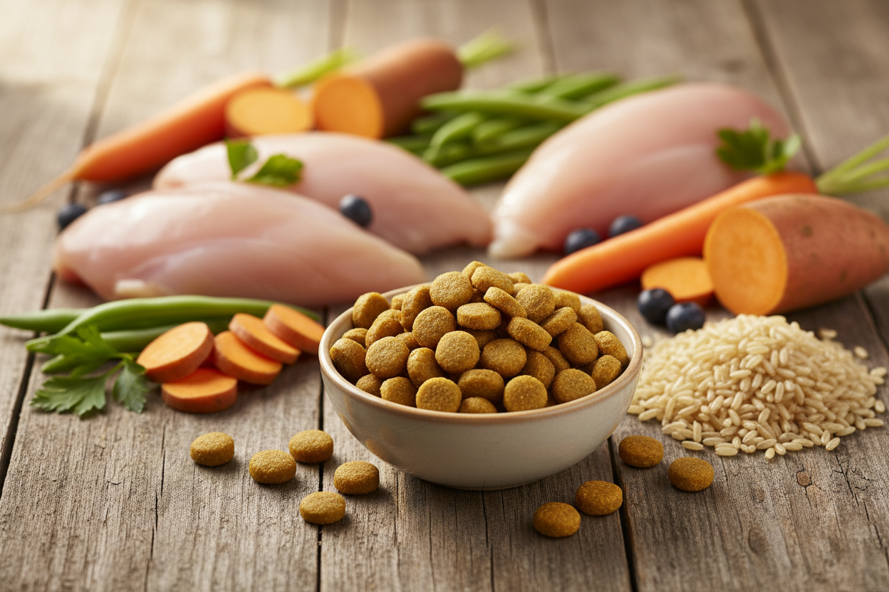 image pour illustrer ce texte : Nous croyons que la meilleure alimentation commence par la transparence : pas d’ingrédients inutiles, pas de conservateurs chimiques, pas d’OGM. Nos croquettes sont formulées à partir de matières premières naturelles, sélectionnées pour leur qualité nutritionnelle et leur digestibilité.  